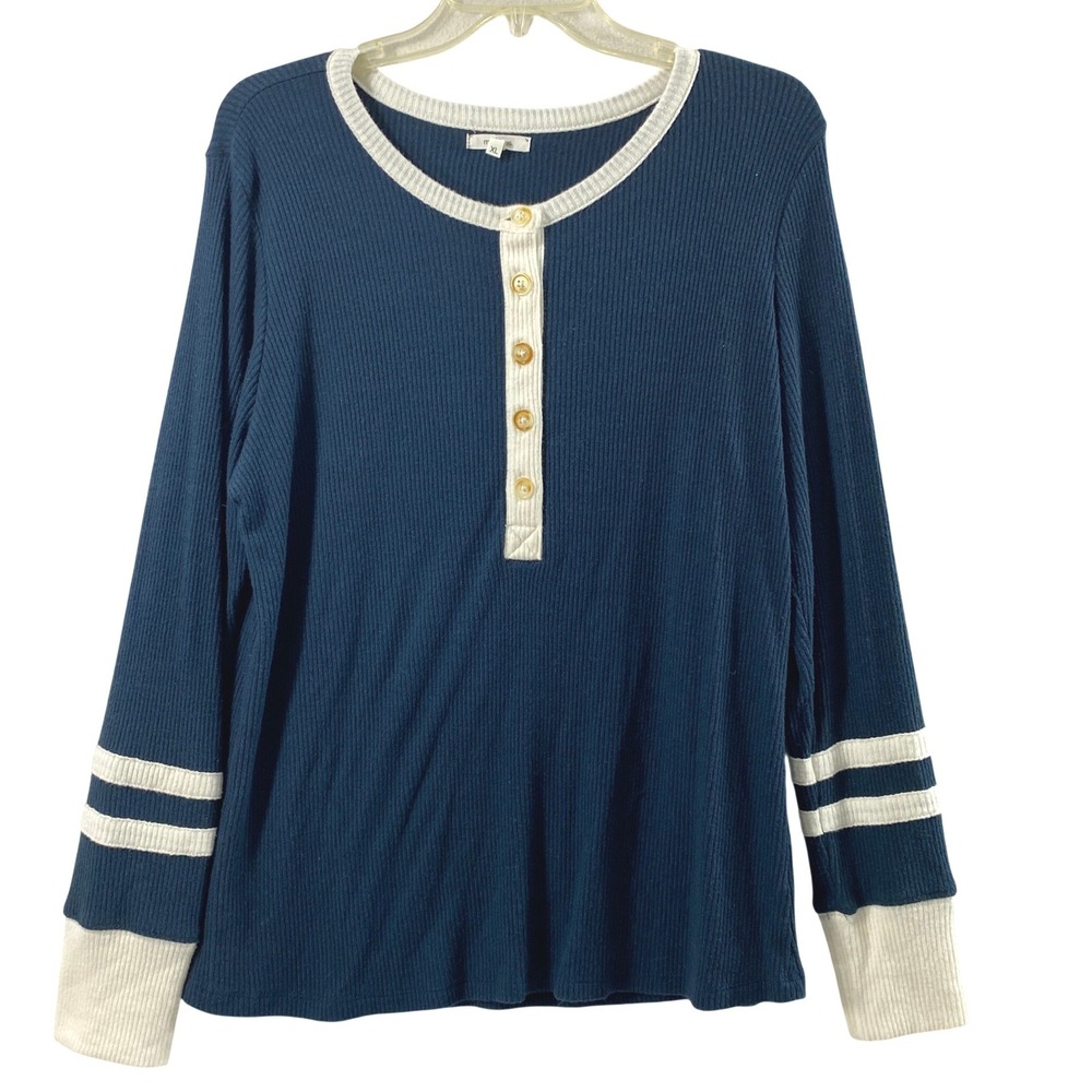 Maurices Henley Top Womens XL Blue Ribbed Knit Varsity Stripe Long Sleeve Tee